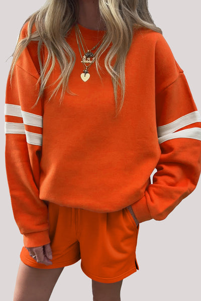 Varsity Striped Sleeve Drop Shoulder Sweatshirt and Shorts Set- 5 Colors