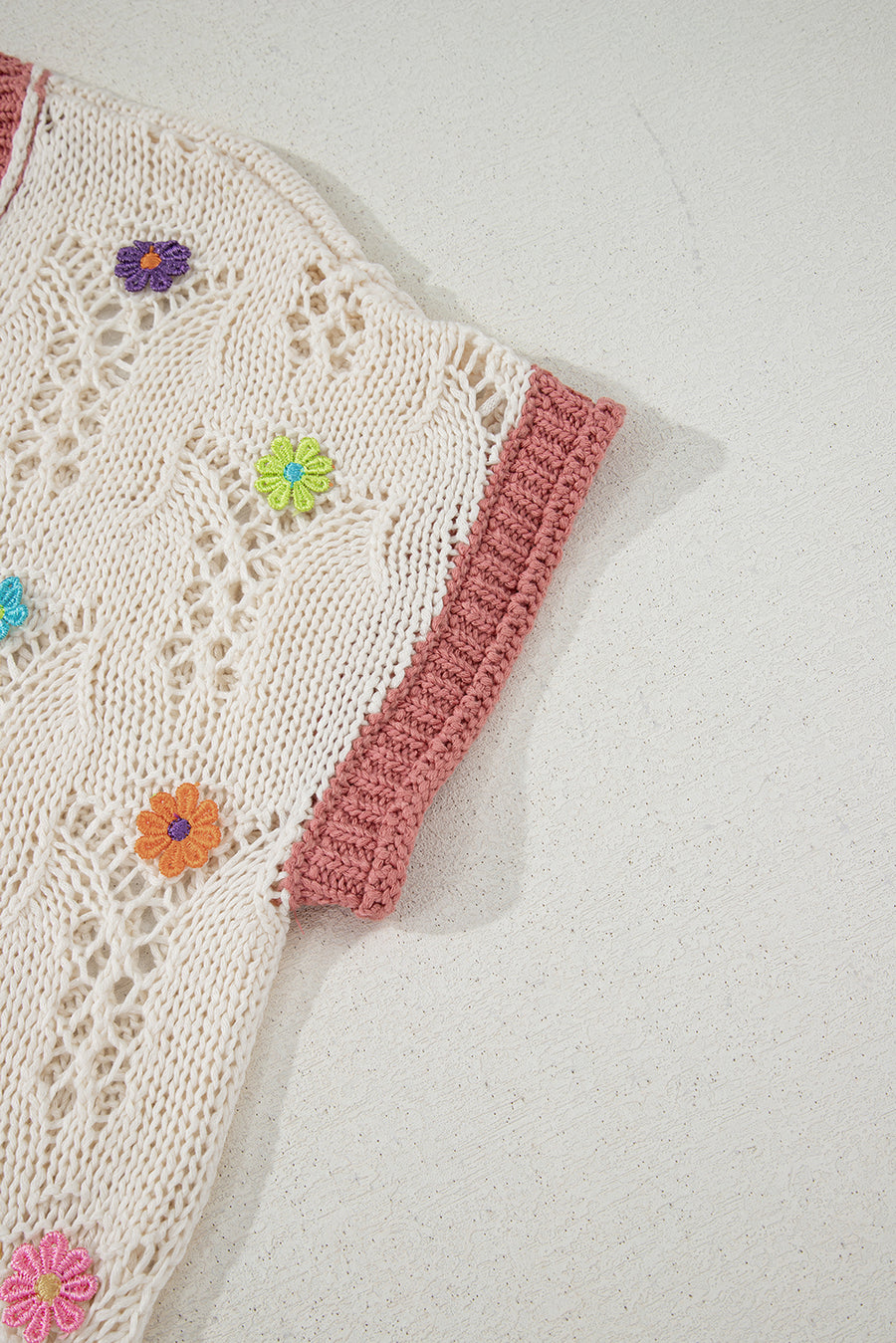 Ivory Floral Crochet Contrast Trim Knit Sweater