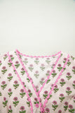 Pink Floral Print V-Neck Scallop Trim Button-Up Short Sleeve Maxi Dress