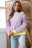 Purple Stripe Contrast Trim Color Block Long Sleeve Thermal Shirt