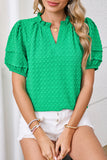 Bright Green Textured Puff Sleeve Frilled & Notched V-Neck Blouse