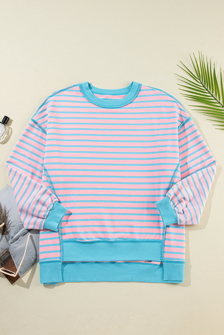 Pink & Turquoise Striped Contrast Trim High-Low Tunic Sweatshirt