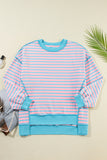 Pink & Turquoise Striped Contrast Trim High-Low Tunic Sweatshirt