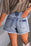 Acid Washed Pearl Studded Pocket Raw Hem Denim Shorts