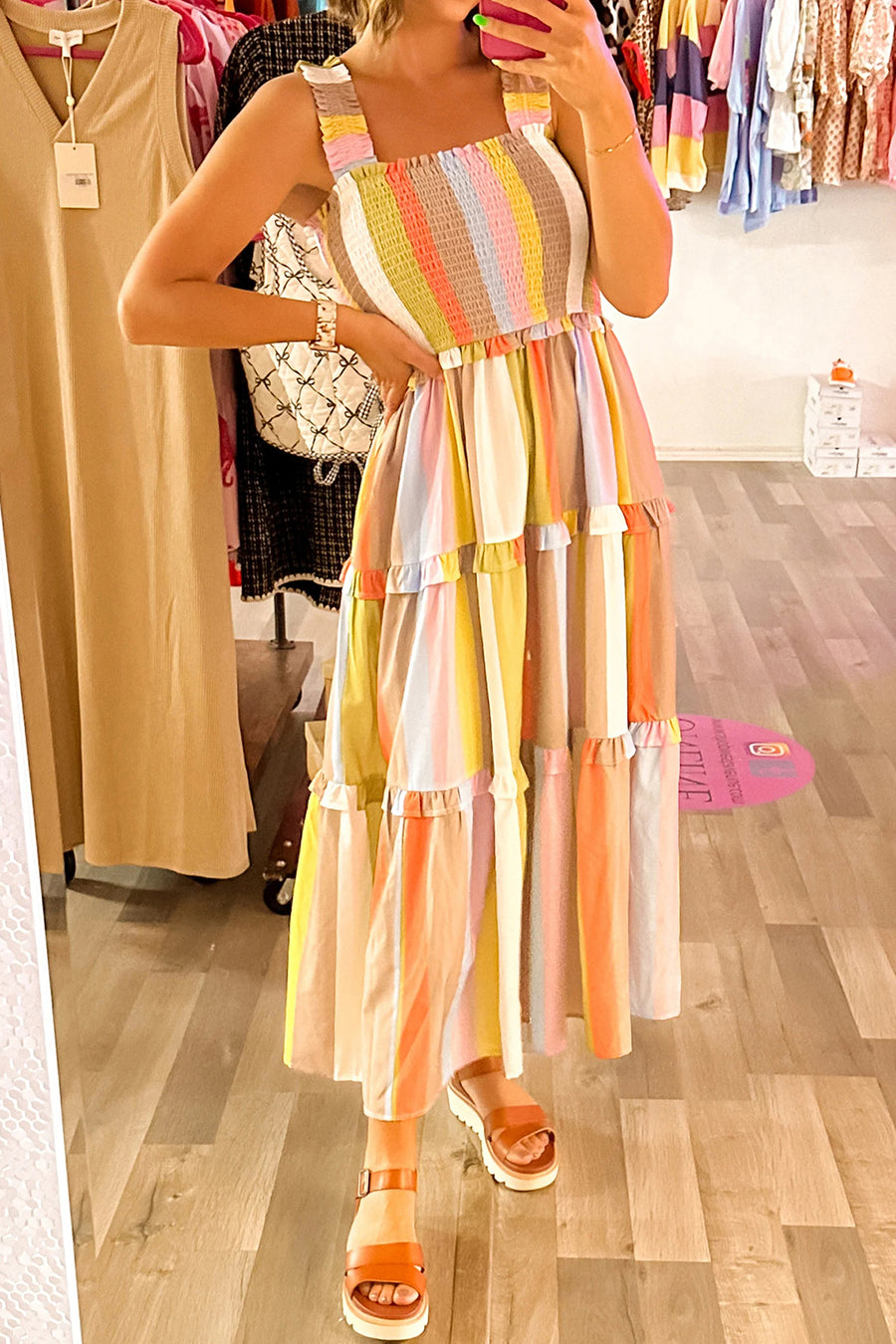 *Pre-Order* Multicolored Striped Shirred Frilly Tiered Maxi Dress