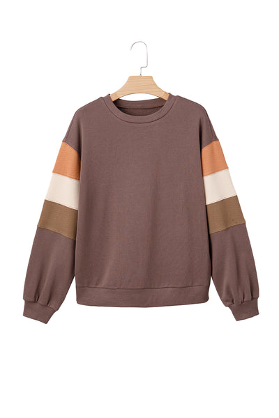 Dark Khaki Colorblock Drop Shoulder Pullover Casual Sweatshirt
