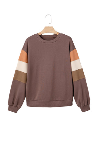 Dark Khaki Colorblock Drop Shoulder Pullover Casual Sweatshirt