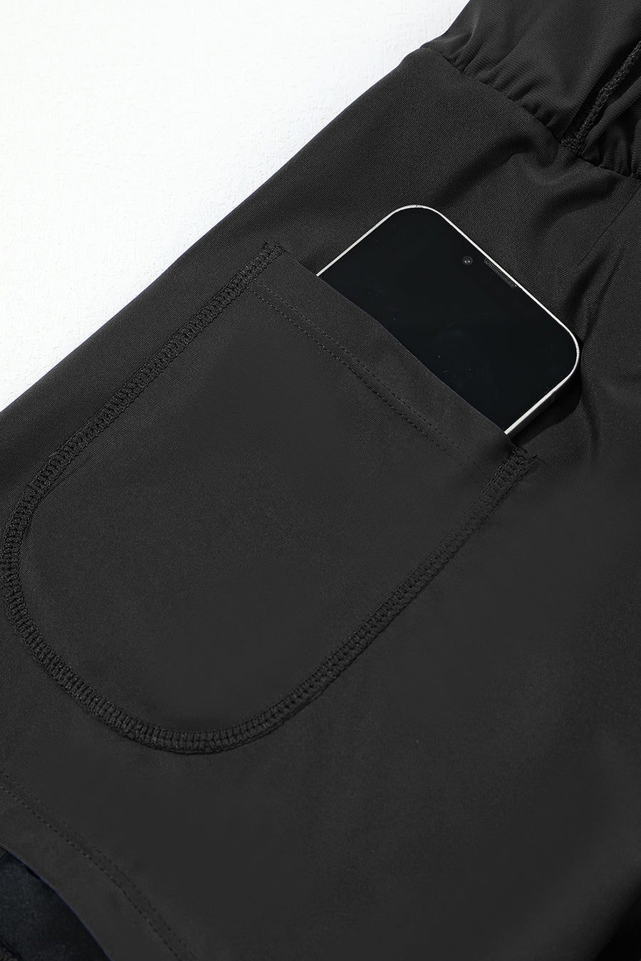 Black High-Waist Wide Band Back Pocket Swim Shorts