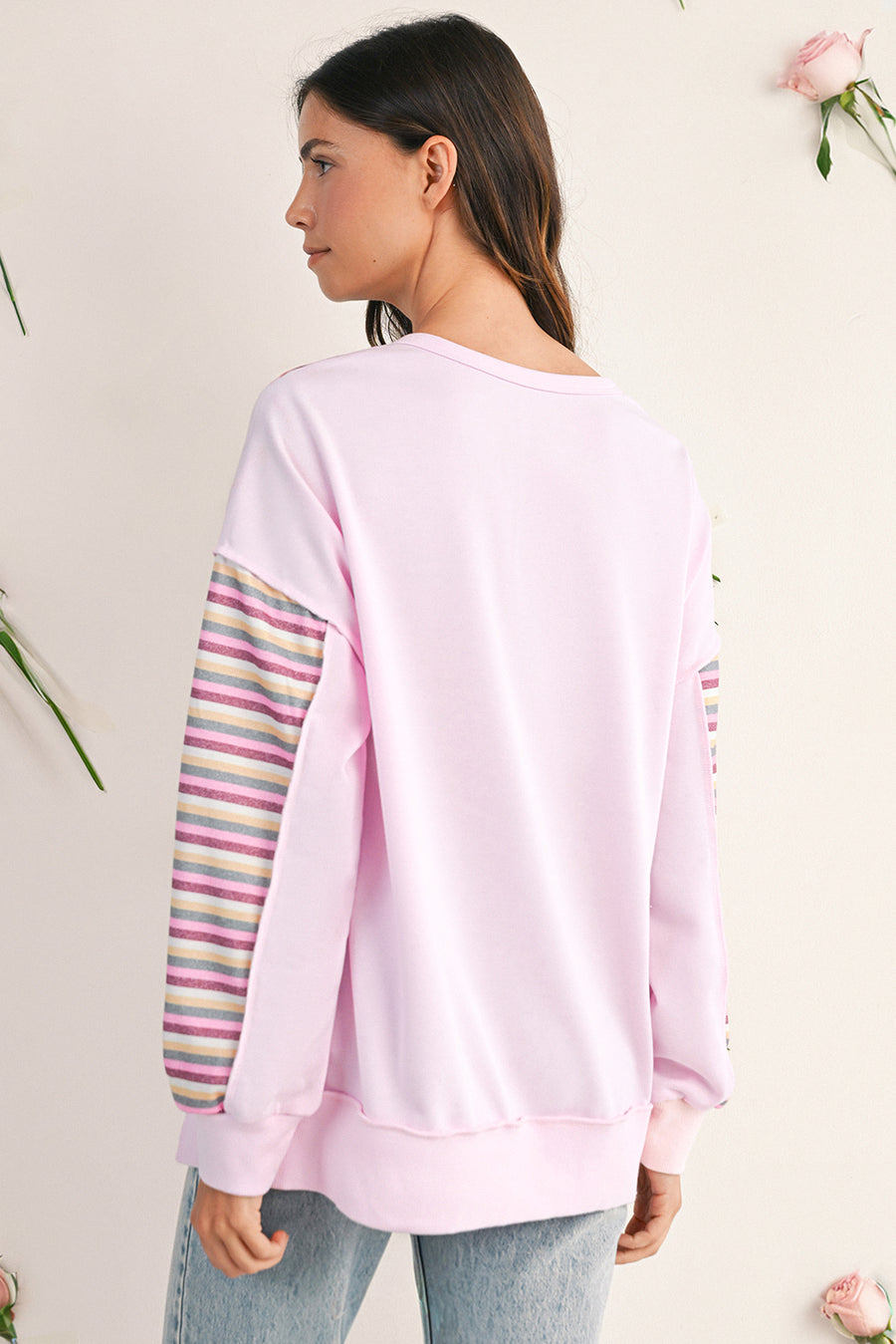 Pink Striped Patchwork Henley Sweatshirt