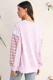 Pink Striped Patchwork Henley Sweatshirt