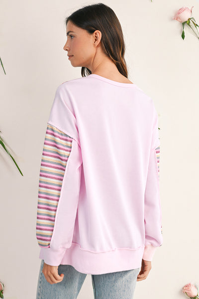 Pink Striped Patchwork Henley Sweatshirt
