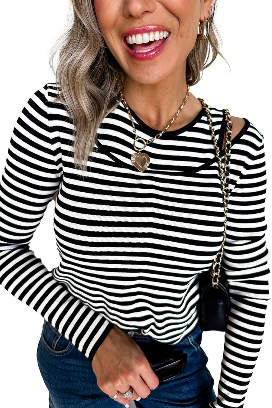 Black & White Striped Cutout Long Sleeve Top