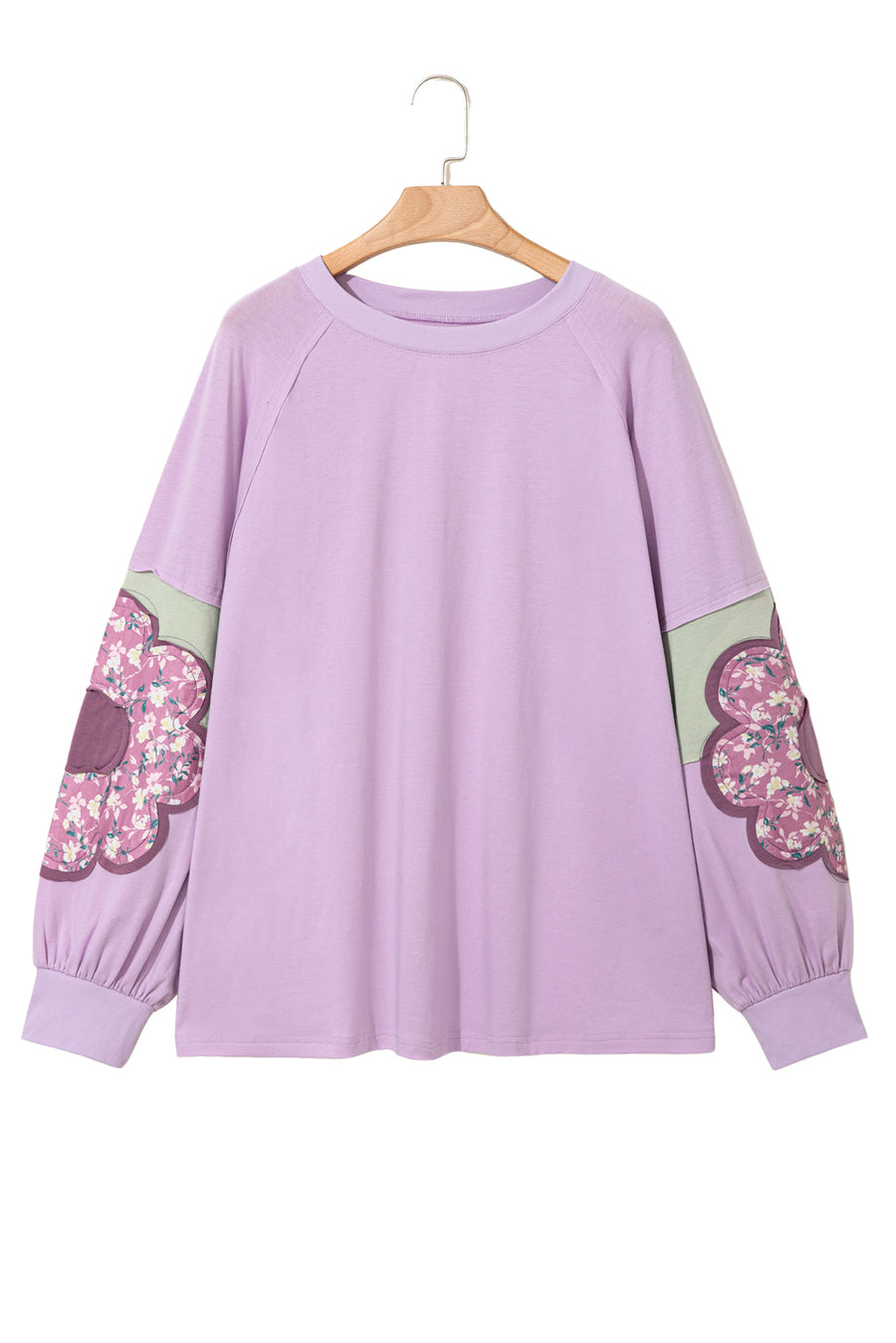 Plus Size Lavender Floral Patched Color Block Pullover Shirt