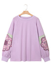 Plus Size Lavender Floral Patched Color Block Pullover Shirt