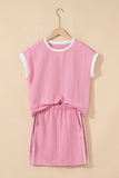 Contrast Trim Textured Crew Neck Top and Pocketed Skirt Set- 2 Colors