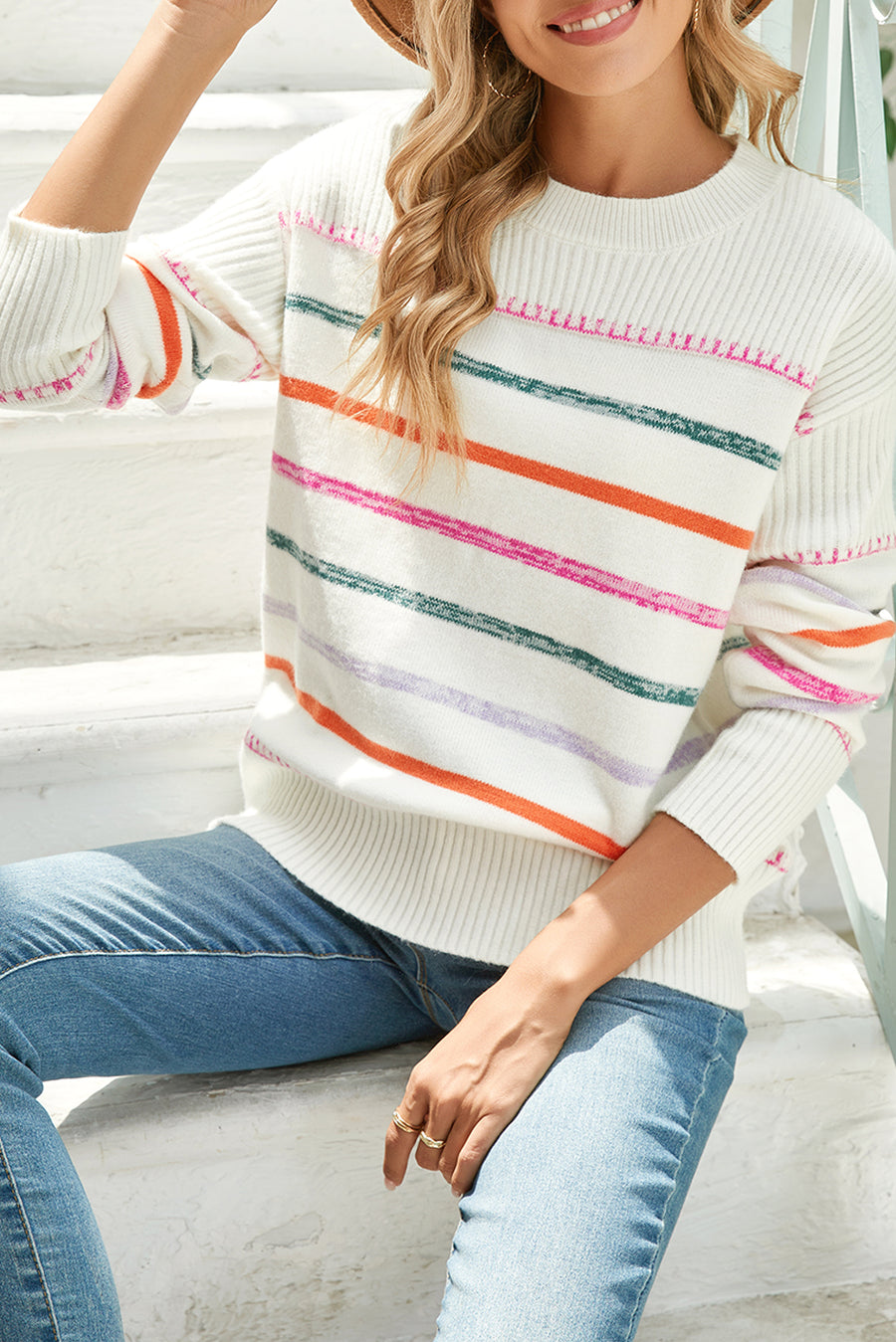 Multicolored Striped Ribbed Trim Crew Neck Sweater- 2 Colors