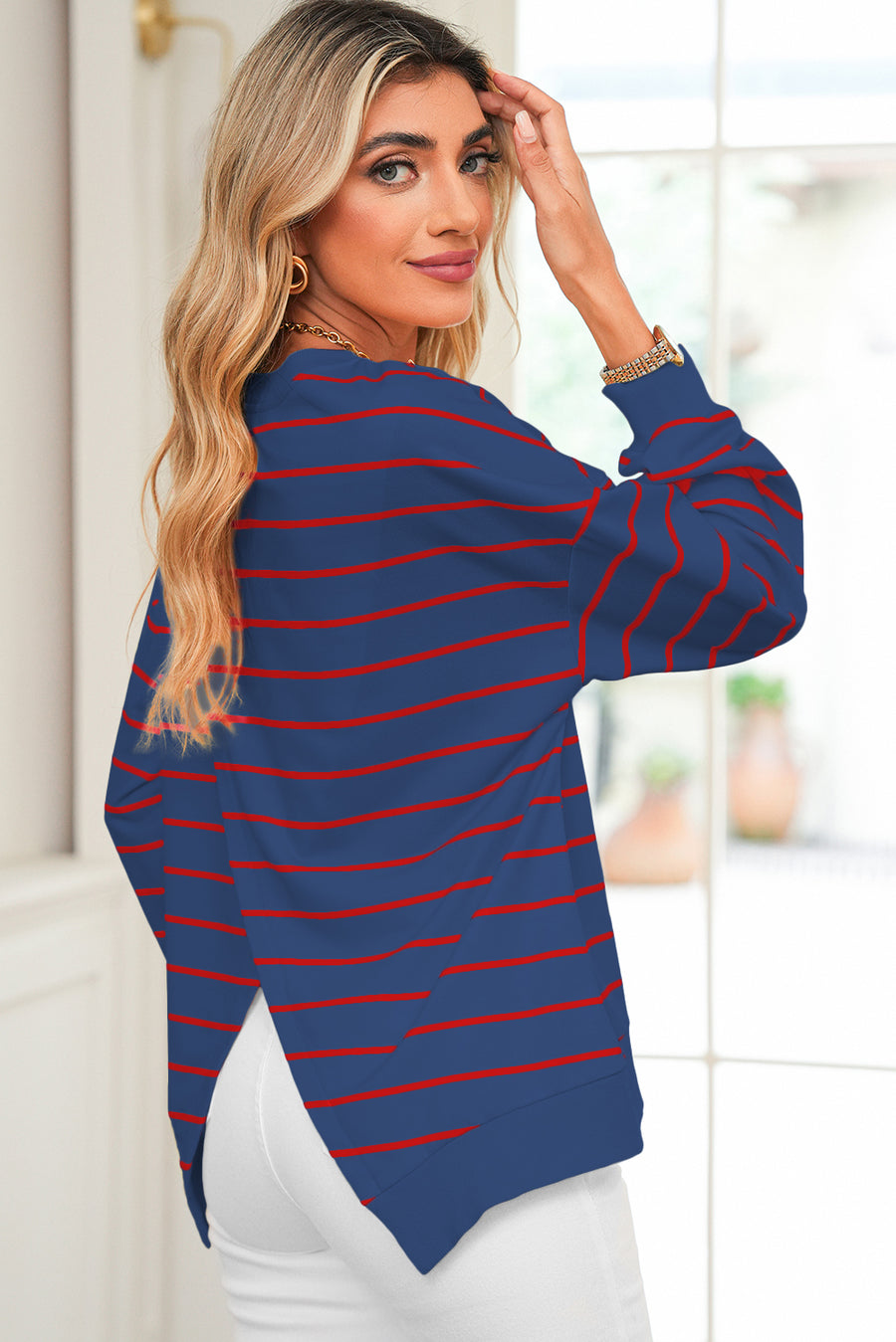 Striped Overlap Back Drop Shoulder Pullover Sweatshirt- 2 Colors