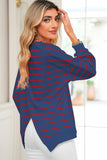 Striped Overlap Back Drop Shoulder Pullover Sweatshirt- 2 Colors