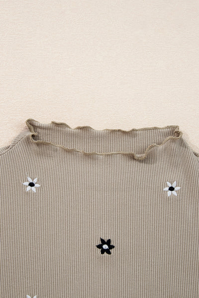 Jet Stream Floral Embroidered Detail Ribbed Long Sleeve Top