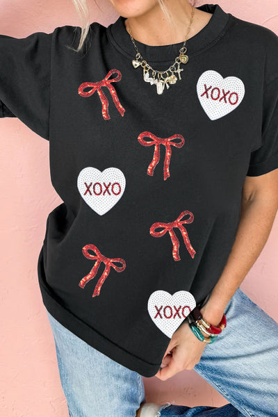 Black Bow XOXO Heart Sequin Patch Graphic T-Shirt