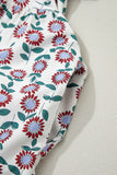 Red Cute Sunflower Printed Striped Patchwork Trim Flutter Sleeve Long Dress