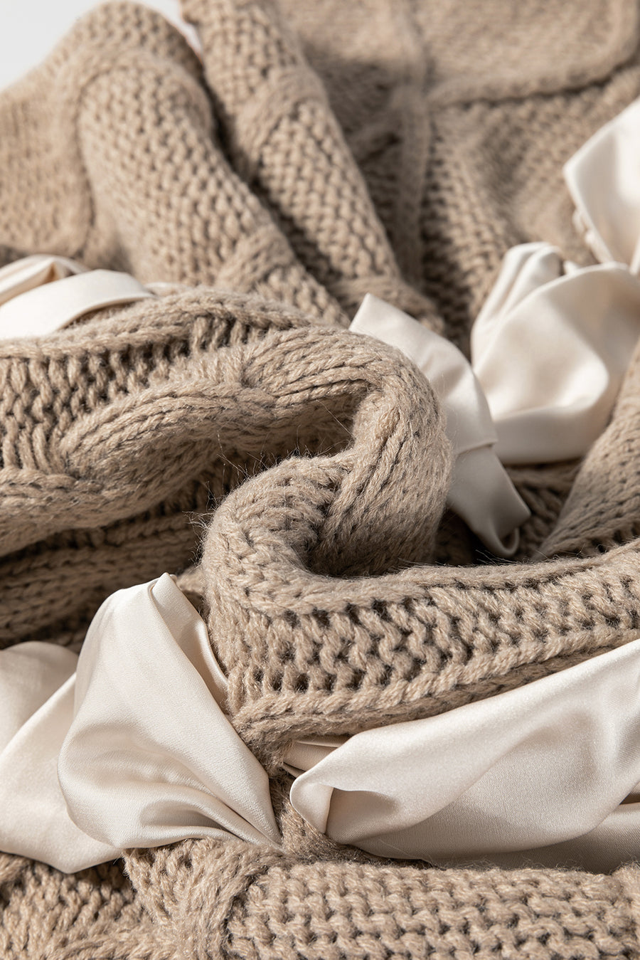 Taupe Satin Ribbon Lace-Up Short Sleeve Cable Knit Sweater
