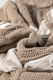 Taupe Satin Ribbon Lace-Up Short Sleeve Cable Knit Sweater