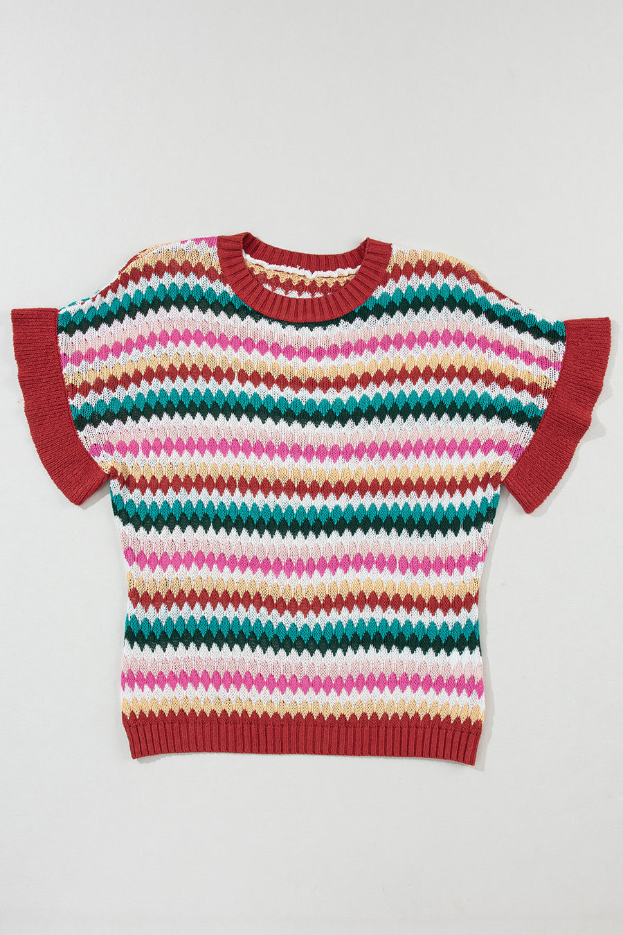 Red Multi Striped Diamond Pattern Short Sleeve Knit Sweater