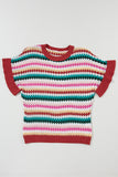 Red Multi Striped Diamond Pattern Short Sleeve Knit Sweater