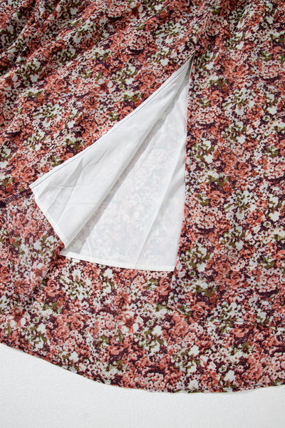 Brown Floral Print Frill V Neck Split Midi Dress