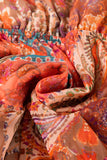 Orange Boho Paisley Print Long Sleeve Pleated Belted Mini Dress