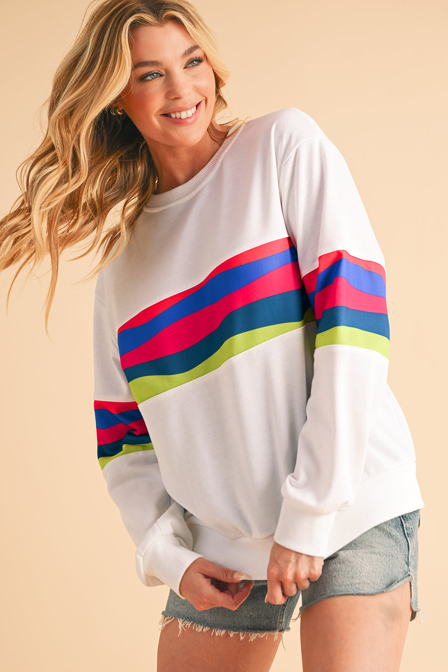 Green Multicolored Wavy Striped Crew Neck Long Sleeve Top- 2 Colors