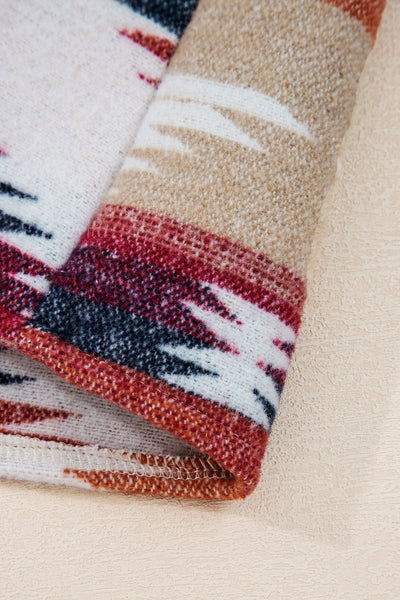 Multicolour Western Aztec Ribbed Patchwork Double Flap Pocket Raw Hem Shacket