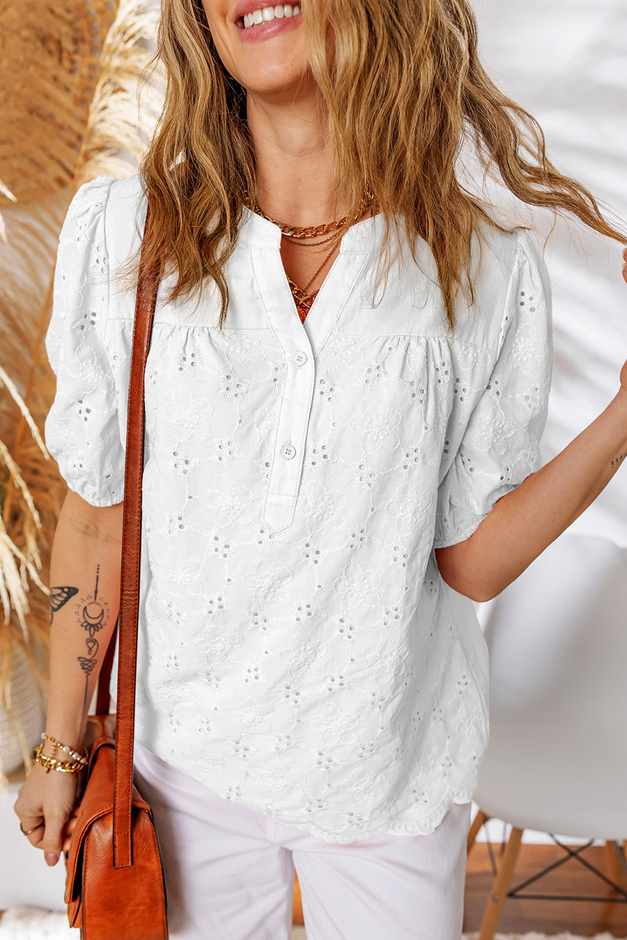 V-Neck Short Sleeve Eyelet Button-Up Blouse- 3 Colors