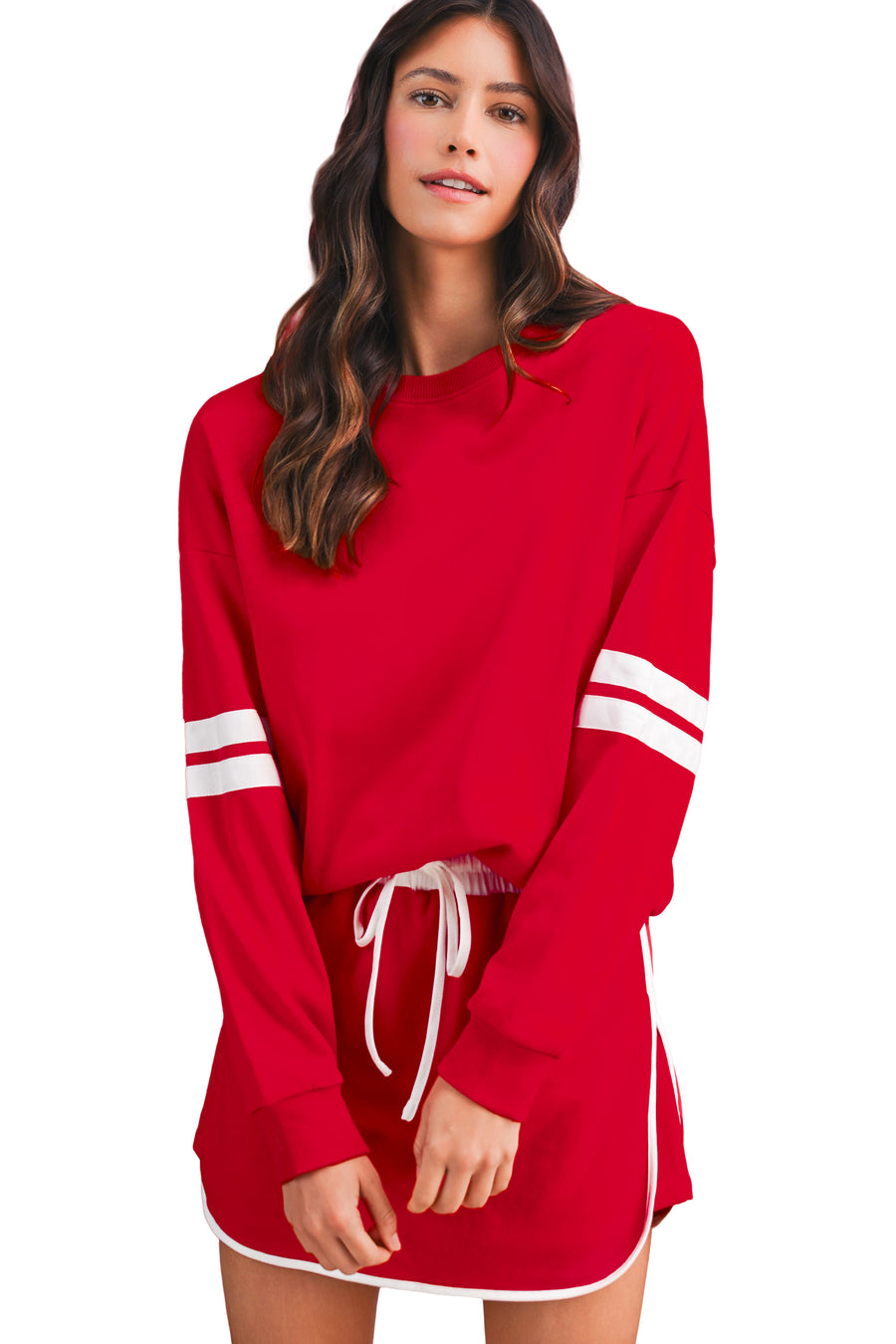 Varsity Striped Drop Shoulder Pullover Sweatshirt & Mini Skort Set- 6 Colors