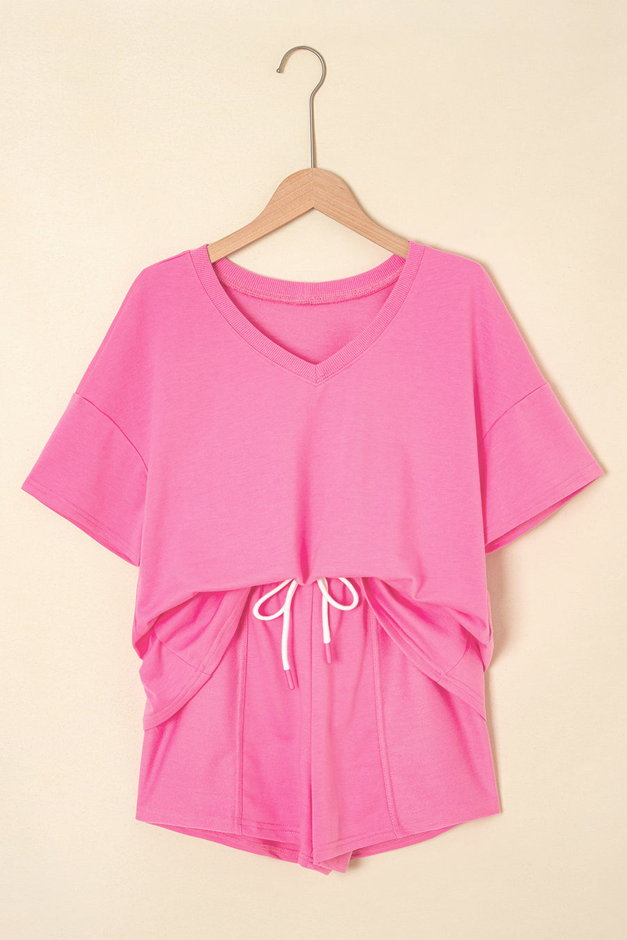 V-Neck Drop Shoulder T-Shirt and Patchwork Shorts Set- 3 Colors