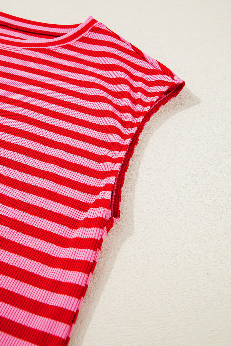 Striped Ribbed Cap Sleeve Crew Neck T-Shirt- 2 Colors
