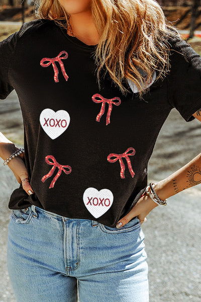 Black Bow XOXO Heart Sequin Patch Graphic T-Shirt