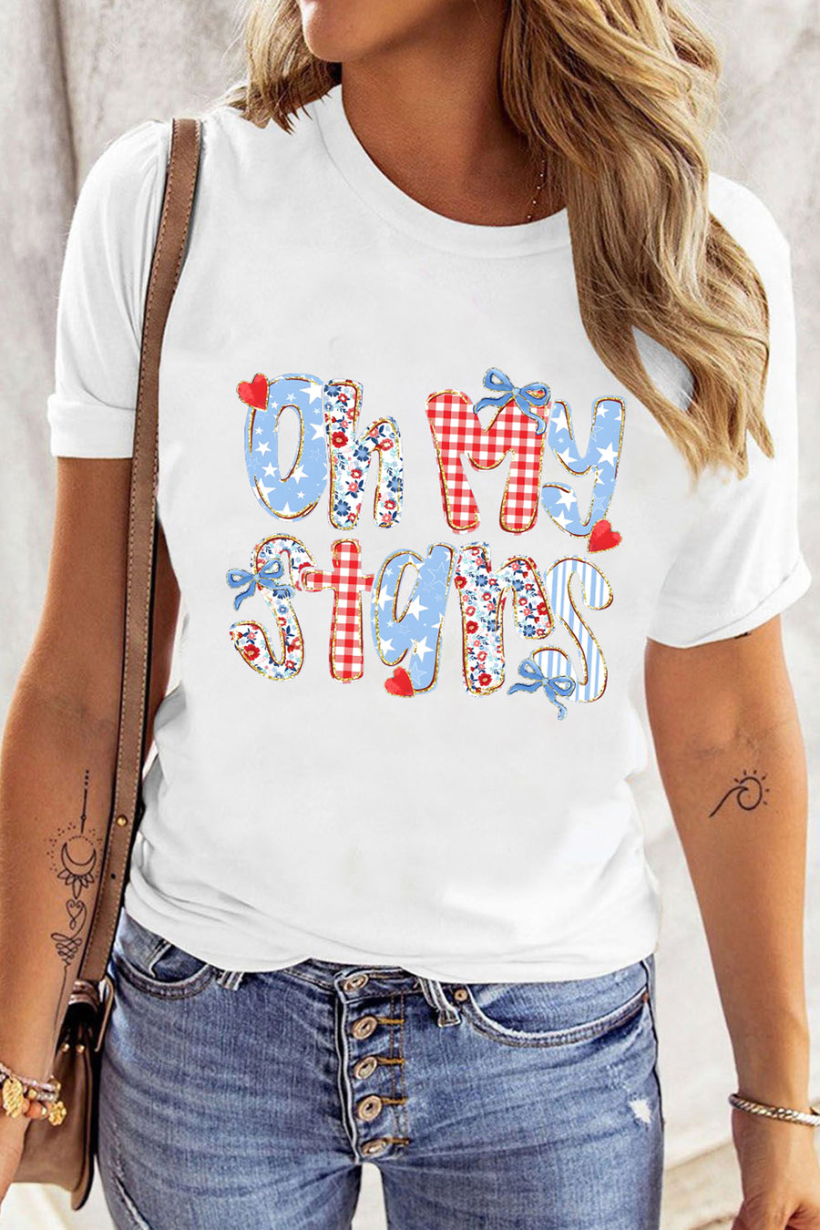 White Oh My Stars Patchwork Print Graphic T-Shirt