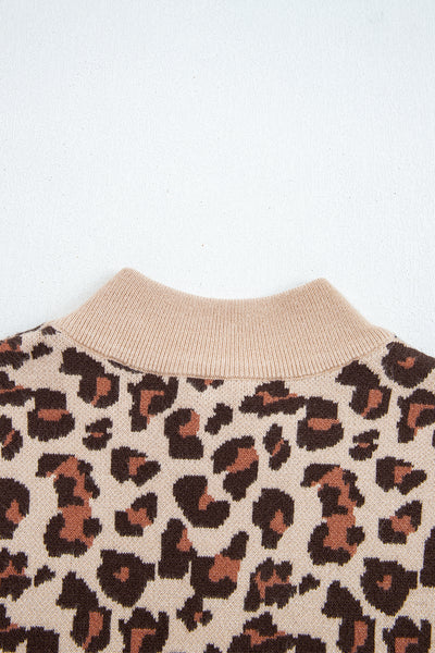 Khaki Leopard Print High Neck Shift Mini Sweater Dress