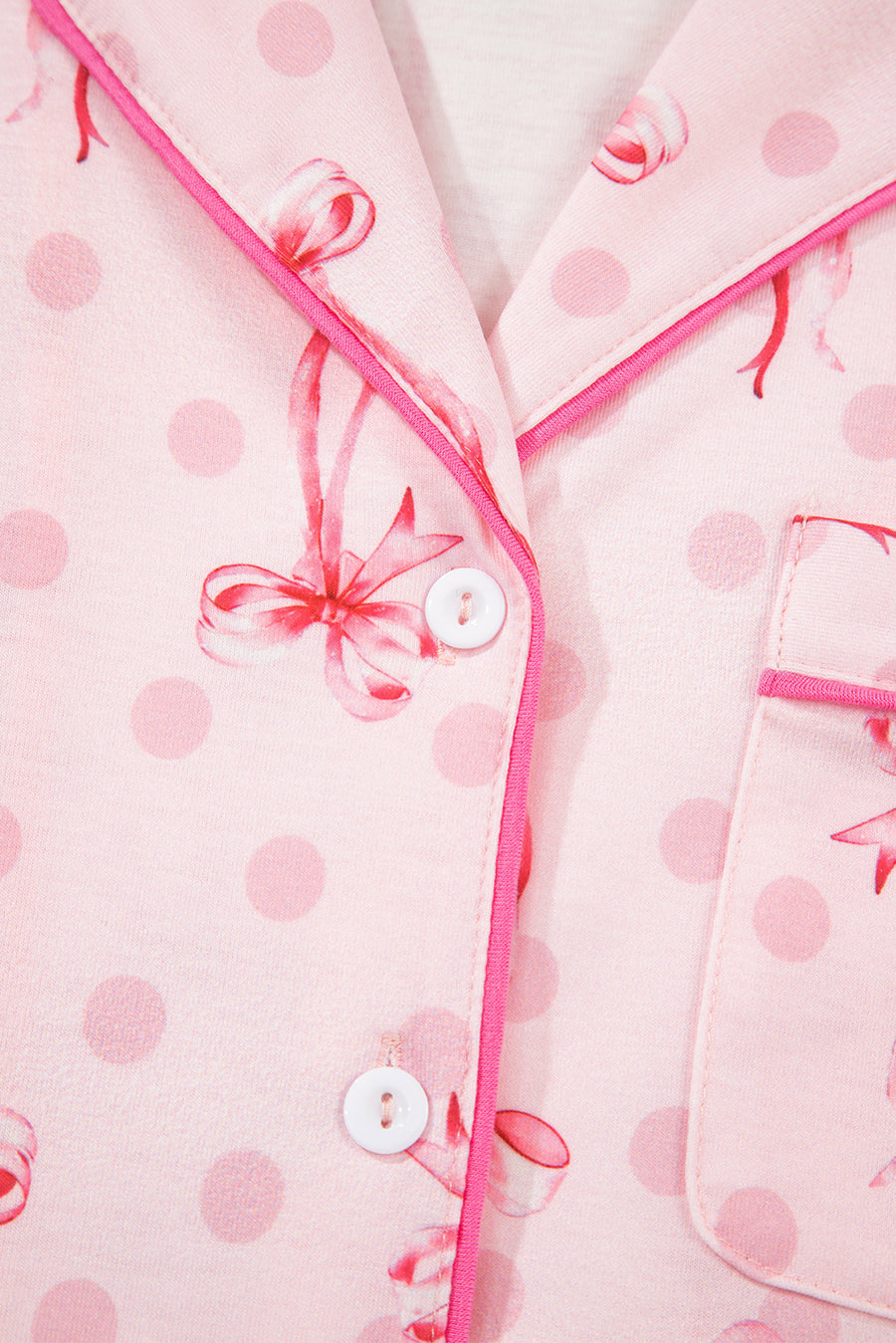 Bow Print Button-Up V-Neck Short Sleeve Top and Ruffle Hem Shorts Pajama Set- 2 Styles