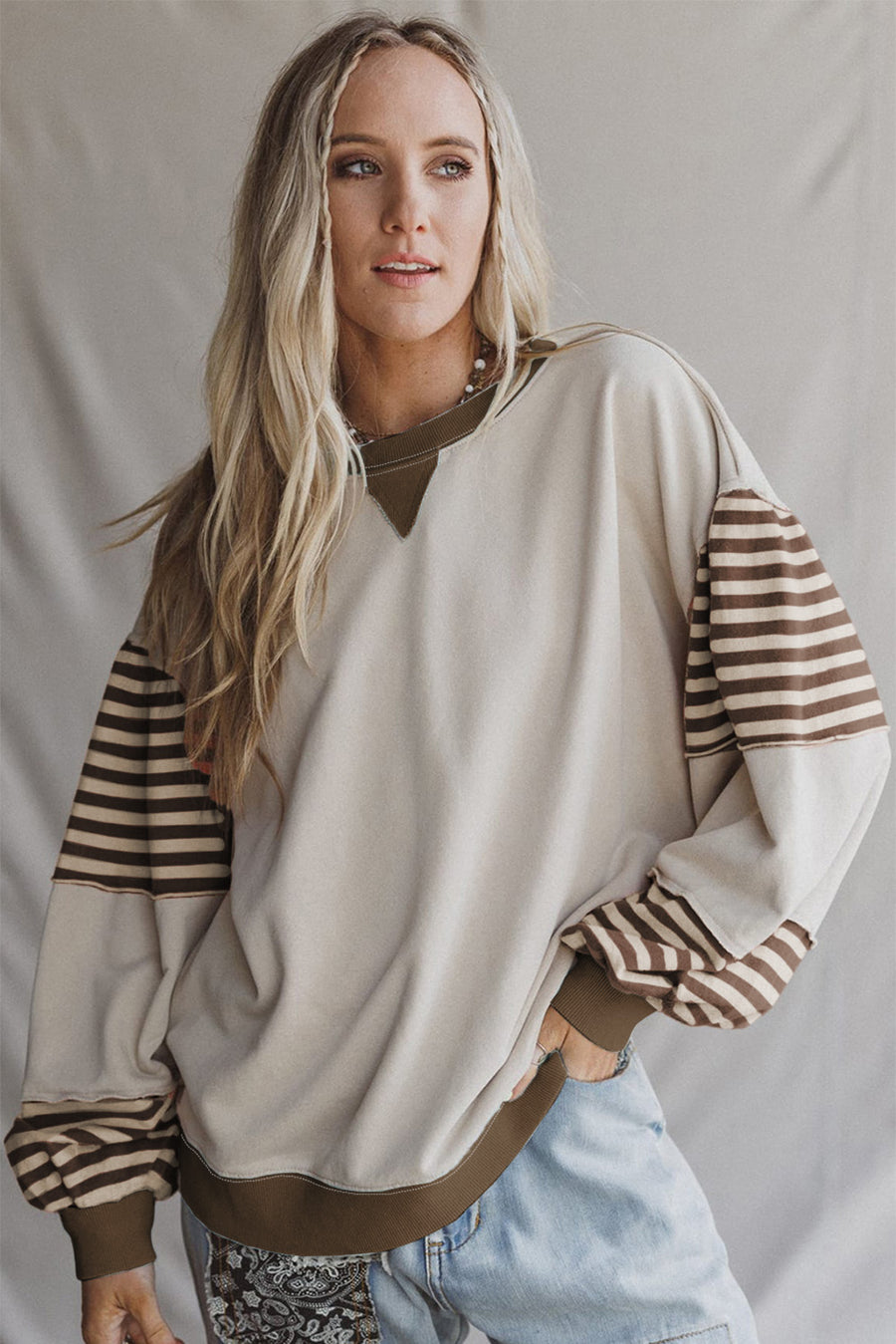 Color Block Patchwork Striped Sleeve Sweatshirt- 3 Colors