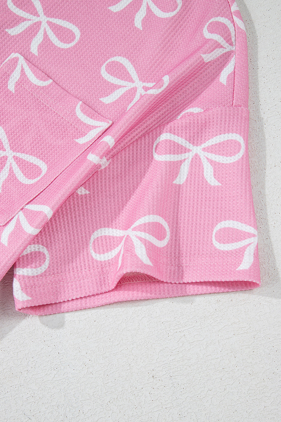 Pink Waffle Knit Bow Print Notched T-Shirt And Shorts Set