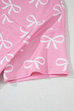Pink Waffle Knit Bow Print Notched T-Shirt And Shorts Set