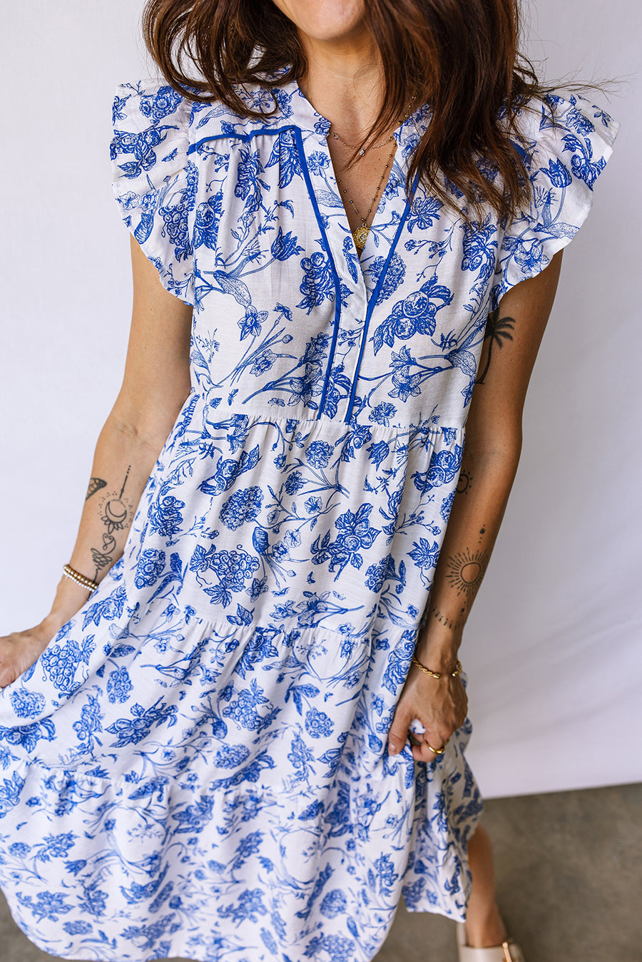 Blue Floral Ruffled Short Sleeve Tiered Midi Dress