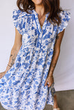 Blue Floral Ruffled Short Sleeve Tiered Midi Dress