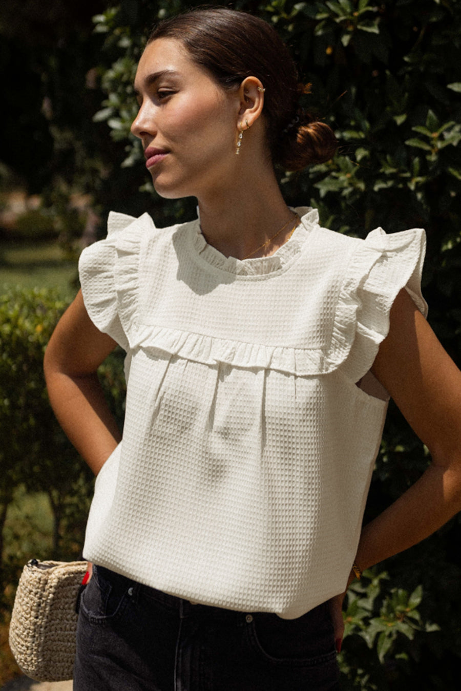 White Ruffle Trim Waffle Textured Short Sleeve Blouse
