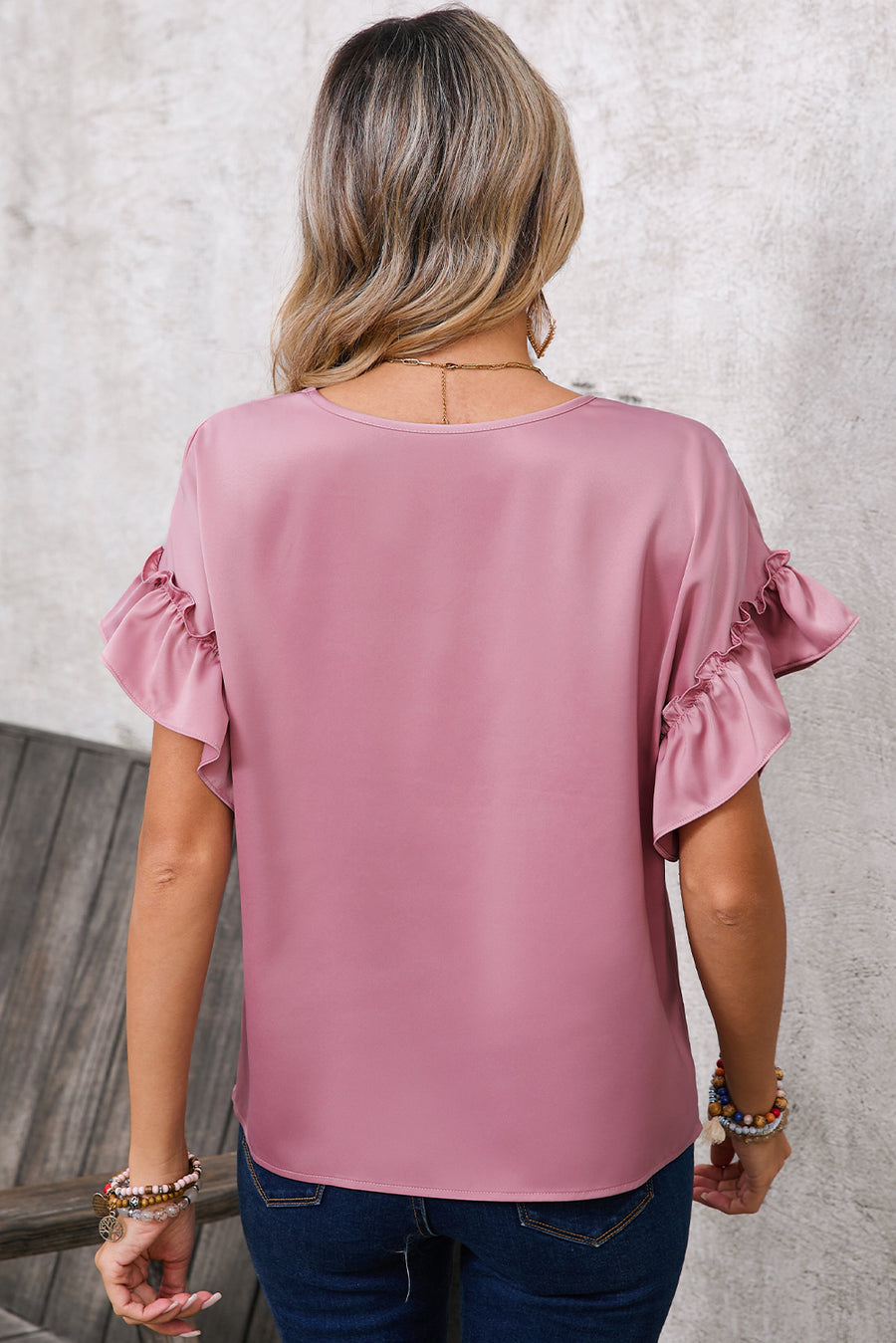 Toadstool Satin Ruffle Sleeve V-Neck Blouse