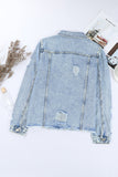 Light Blue Distressed Ripped Raw Hem Denim Jacket