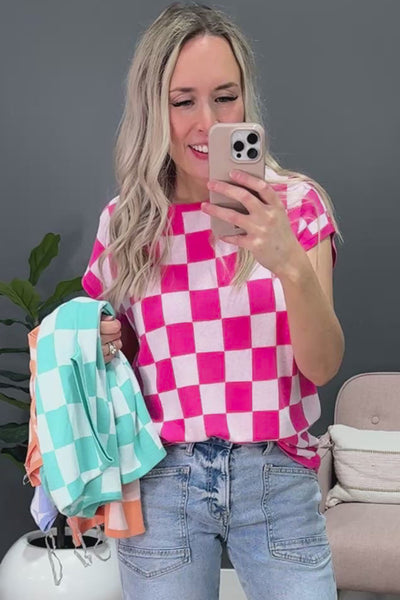Fuchsia Checkered Pattern Cap Sleeve Knit Top